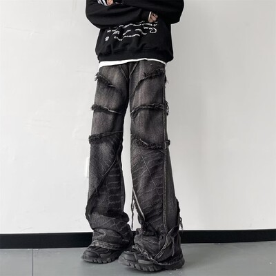 HOUZHOU Y2K Punk Black American Street Rock Retro aukštu juosmeniu Negabaritiniai džinsai Vyriški Raw Edge Skalbti Tamsūs drabužiai Plačios Kelnės Vyriški