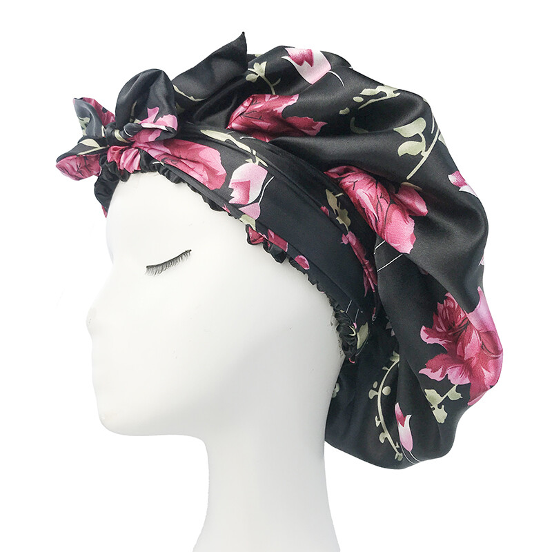 Šešir od mekanog svilenkastog printa od satena za žene Velika noćna kapa s dugom satenskom vrpcom Poklopac za kravatu Podesiva kapa za glavu s širokom trakom