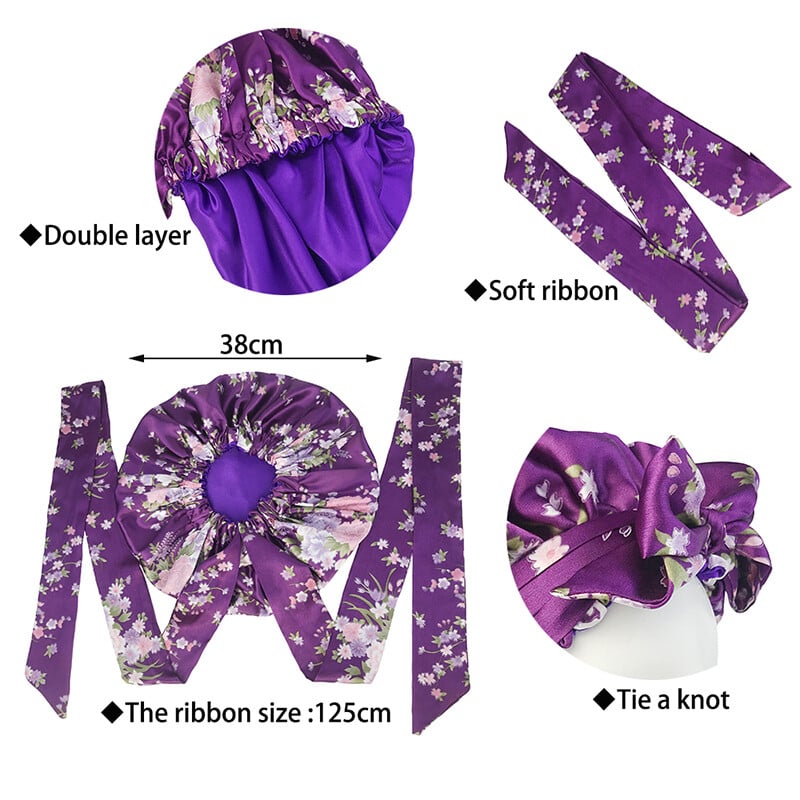 Šešir od mekanog svilenkastog printa od satena za žene Velika noćna kapa s dugom satenskom vrpcom Poklopac za kravatu Podesiva kapa za glavu s širokom trakom