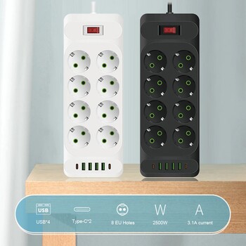 EU Plug AC Outlet Multitap Power Strip 2m Удължителен кабел Електрически контакт Интелигентен USB домашен офис Защита от пренапрежение Мрежов филтър