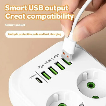 EU Plug AC Outlet Multitap Power Strip 2m Удължителен кабел Електрически контакт Интелигентен USB домашен офис Защита от пренапрежение Мрежов филтър