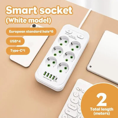 EU Plug AC Outlet Multitap Power Strip 2m Удължителен кабел Електрически контакт Интелигентен USB домашен офис Защита от пренапрежение Мрежов филтър