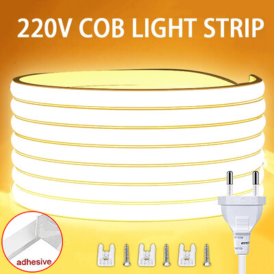 1M-30M 220V COB LED sloksnes gaisma ūdensnecaurlaidīga COB LED lente EU barošanas spraudnis, elastīga lentes lampa guļamistabas virtuves āra dekorēšanai