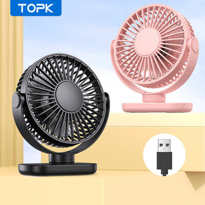 TOPK Mini hordozható ventilátor, USB asztali elektromos ventilátorasztal kempingezéshez, 360°-os forgathatóság, 3 sebesség, kis álló ventilátorok otthoni irodákhoz