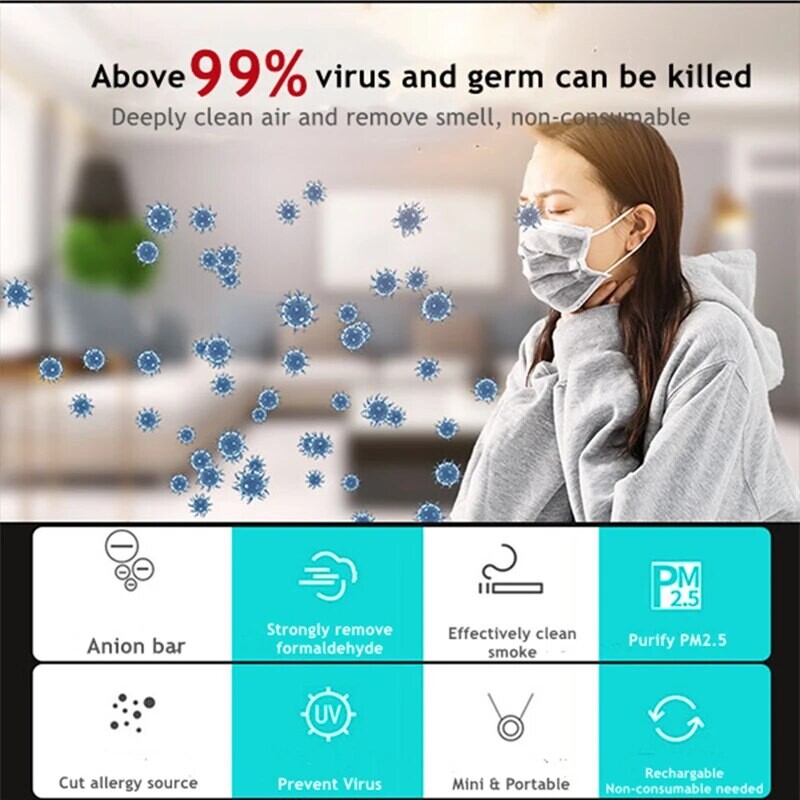 Kantav õhupuhasti, negatiivsete ioonide generaatoriga kaelakee, USB-taaslaetav ja kaasaskantav õues, kodus, kontoris