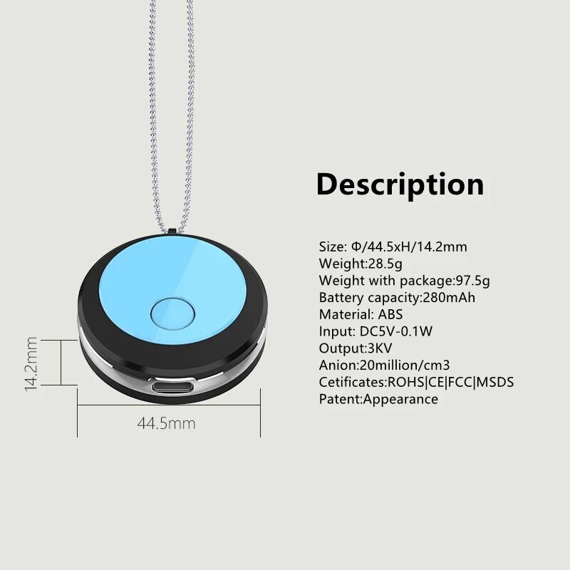 Kantav õhupuhasti, negatiivsete ioonide generaatoriga kaelakee, USB-taaslaetav ja kaasaskantav õues, kodus, kontoris