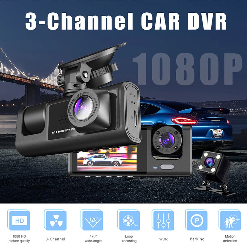 3-kanaliline armatuurkaamera auto esi- ja tagakaamera jaoks 1080P videosalvesti armatuurkaamera Black Box Car DVR tahavaatekaamera autotarvik