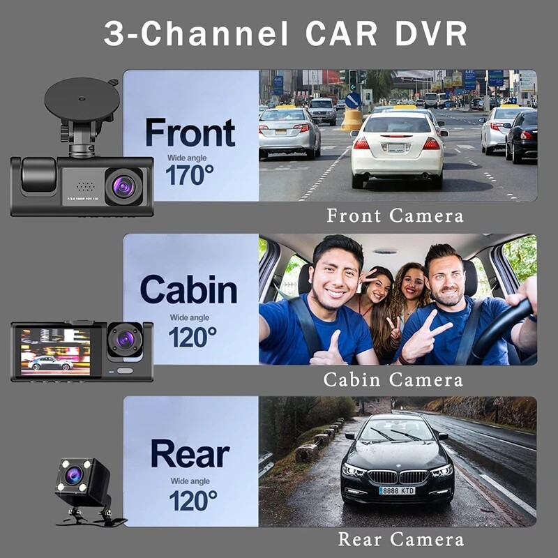 3-kanaliline armatuurkaamera auto esi- ja tagakaamera jaoks 1080P videosalvesti armatuurkaamera Black Box Car DVR tahavaatekaamera autotarvik