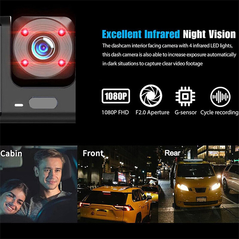 3-kanaliline armatuurkaamera auto esi- ja tagakaamera jaoks 1080P videosalvesti armatuurkaamera Black Box Car DVR tahavaatekaamera autotarvik
