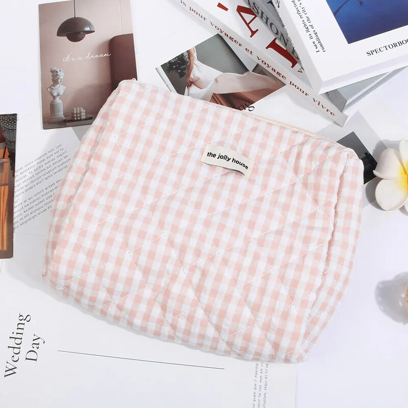 Casual γυναικεία καλλυντικά τσαντάκι μεγάλης χωρητικότητας Τσάντες αποθήκευσης ταξιδιού Απλές καρό γυναικείες τσάντες Clutch Ροζ πάνινη γυναικεία τσάντα