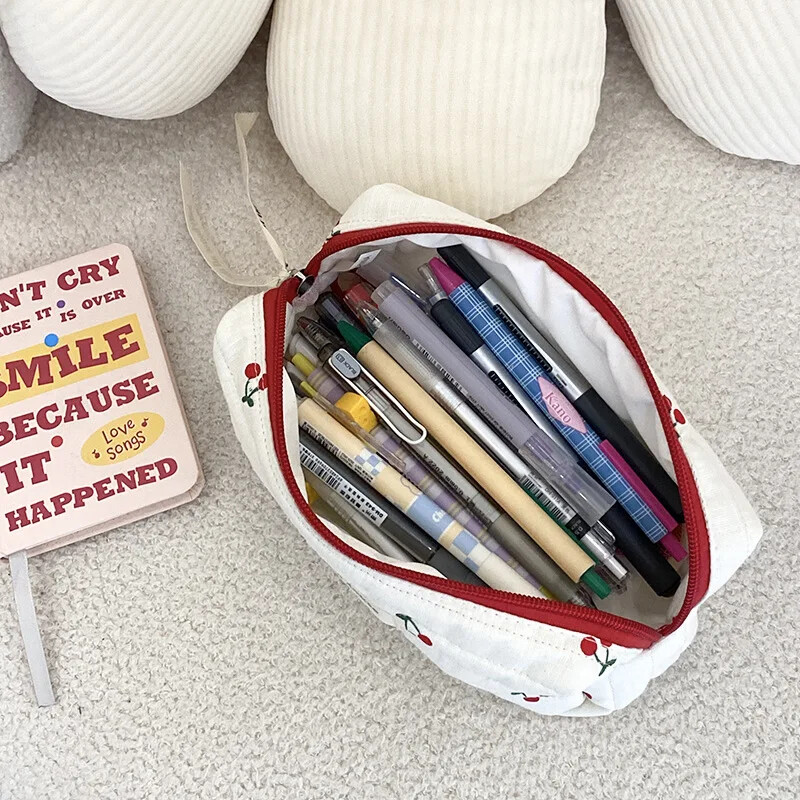 Tepitud puuvillane naiste reisihoiukott Retro kirss naiste kosmeetikakotid Armsa disainiga tüdrukute pliiatsikas meigikott käekotid
