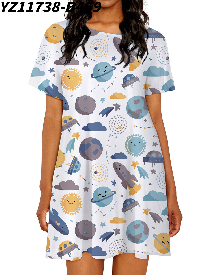 Suvine lühike ümara kaelusega kleit ja 3D prindiga kogu keha