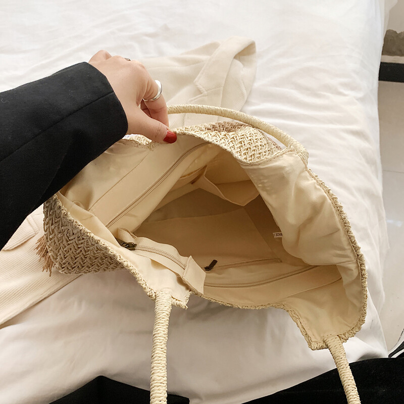 Õlgest rannakott Suvine kootud tutidega kandekott Suur õlakott naistele Õlgest rahakotid ja käekotid Rattan Boho Bag Raffia