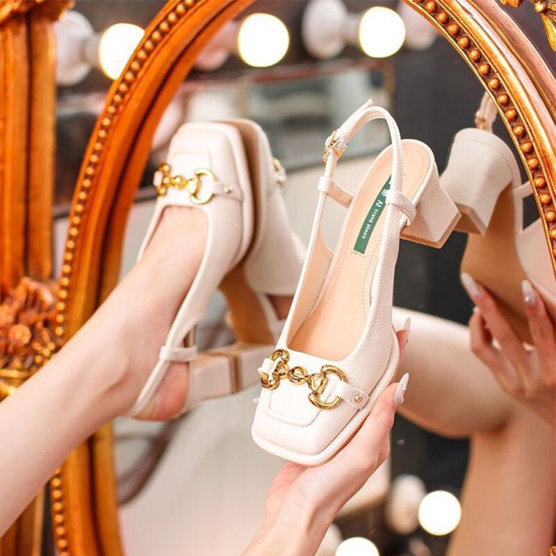 Toc mijlociu dame 5,5 cm 2023 vară stil francez spate gol femeie toc gros vârf pătrat Mary Jane pantofi negru verde talon femei