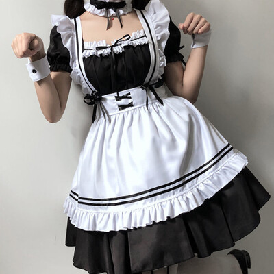 Must valge Lolita neiu kostüüm Cosplay kostüümid armas kleit Seksikas prantsuse põll vormiriietus kohvik neiu peo seelik naiste riided