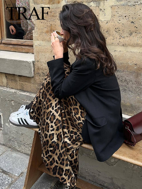 TRAF 2024 vintage naiste leopardimustriga satiinseelik naistele suvine kõrge vöökohaga midiseelik, naiste mood, elegantsed pikad seelikud