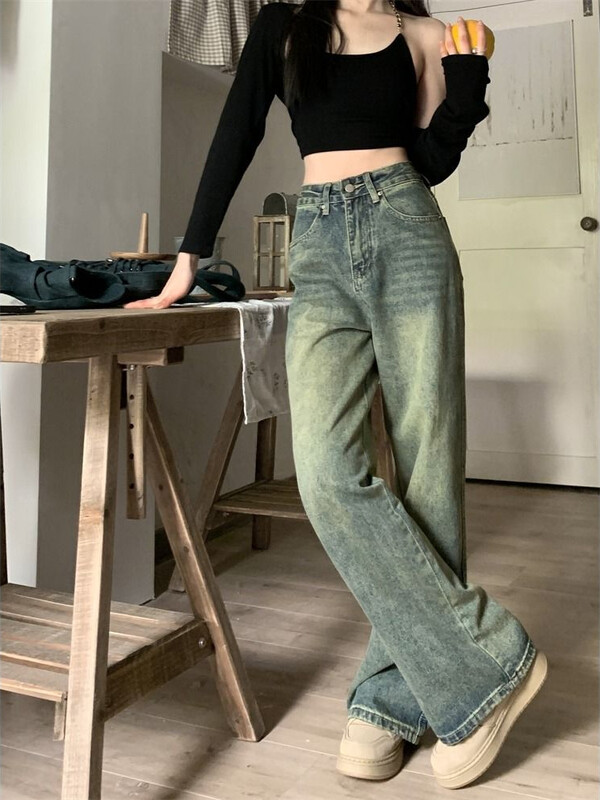 Deeptown Y2k Baggy laia säärega teksad Naiste vintage tänavarõivad Pestud teksapüksid Grunge Basic Slouchy sinised püksid Femme Spring