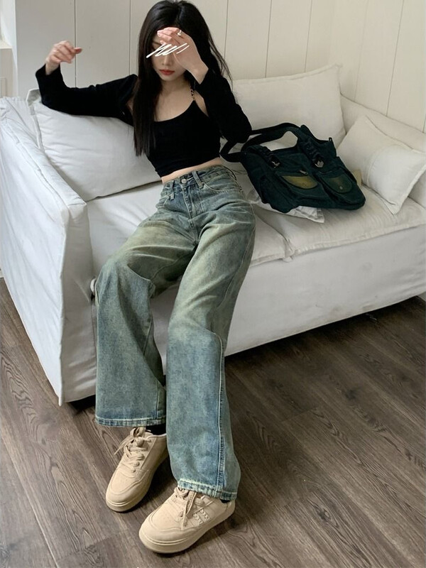 Deeptown Y2k Baggy laia säärega teksad Naiste vintage tänavarõivad Pestud teksapüksid Grunge Basic Slouchy sinised püksid Femme Spring