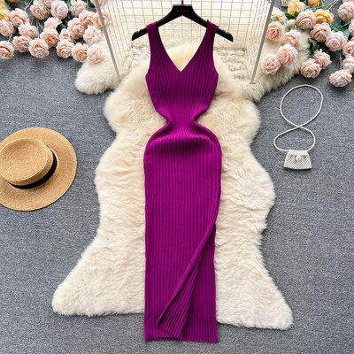 YuooMuoo Chic Fashion Sexy Wrap Hips Split Tritted Jesen Dress Women Slim Elastic Bodycon Long Dress Streetwear Outfits Vestido
