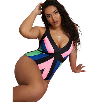 2023 Μαγιό One Plus Size Γυναικεία Ολόσωμα κοστούμια Beachwear Color Block Καλοκαιρινό μαγιό με λαιμόκοψη V γυναικείο 4XL