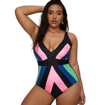 2023 Μαγιό One Plus Size Γυναικεία Ολόσωμα κοστούμια Beachwear Color Block Καλοκαιρινό μαγιό με λαιμόκοψη V γυναικείο 4XL