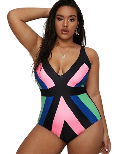 2023 Costum de baie One Plus Size Costum de baie Femei Costume dintr-o bucată Îmbrăcăminte de plajă Color Block Vară Decolteu în V Costum de baie Femei 4XL