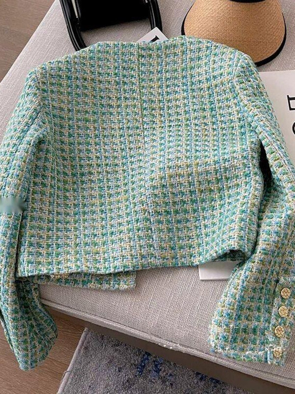 Naiste vintage ruuduline šikk Elegantne kontori tänavarõivad Chic Casual Lihtne äriline pikkade varrukatega moodne temperament jakk Uus