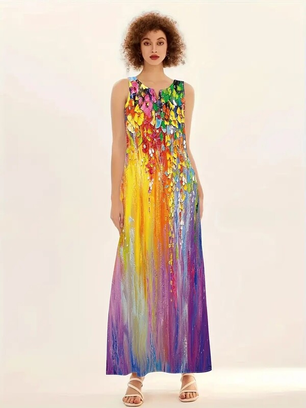 Νέο καλοκαιρινό γυναικείο αμάνικο σέξι μακρύ φόρεμα με στάμπα V 2024 για διασυνοριακό εμπόριο στην Ευρώπη και την Αμερική