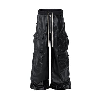 RO Style Matte PU кожени панталони за мъже High Street Y2k Pantalones Hombre Baggy Overall Широки панталони Cargo с шнурове