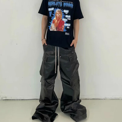 Ανδρικό ματ PU δερμάτινο παντελόνι RO Style High Street Y2k Pantalones Hombre φαρδύ Παντελόνι Cargo με φαρδύ κορδόνι