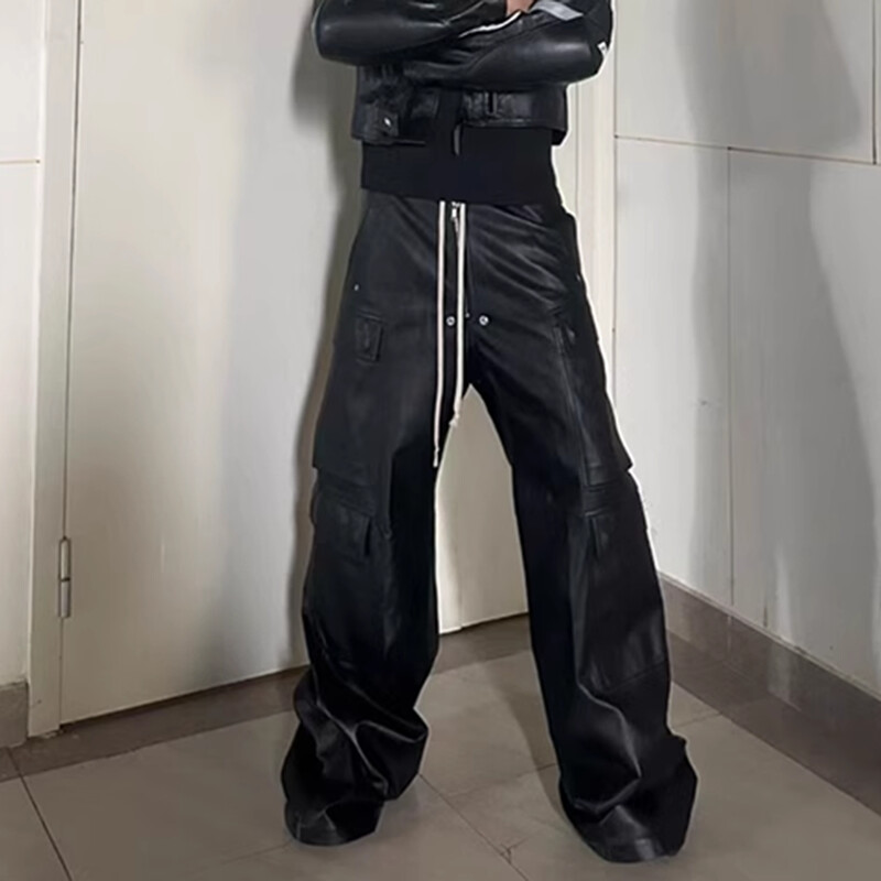 RO stiilis matt PU nahast püksid meestele High Street Y2k Pantalones Hombre Baggy laia säärega nööriga püksid