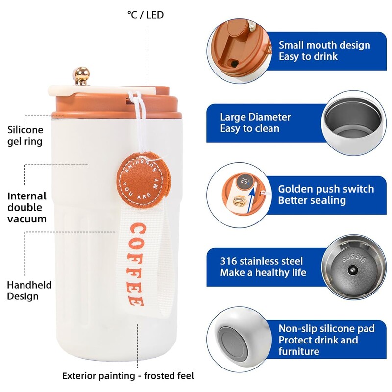 450 ml LED nutikas ekraan Temperatuur 316 roostevabast terasest vaakumtass kaasaskantav kohvitass termiline reisikruus kontori kohvitass
