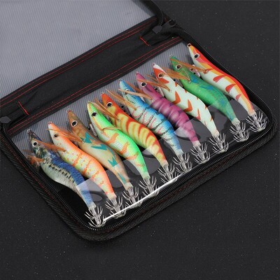 Makšķerēšanas koka garneļu Luminous Squid Octopus Lure 10PCS 3.0 3D Eyes Fishing Lure Hard Bait Vobleris Squid Jig Lure with Bag