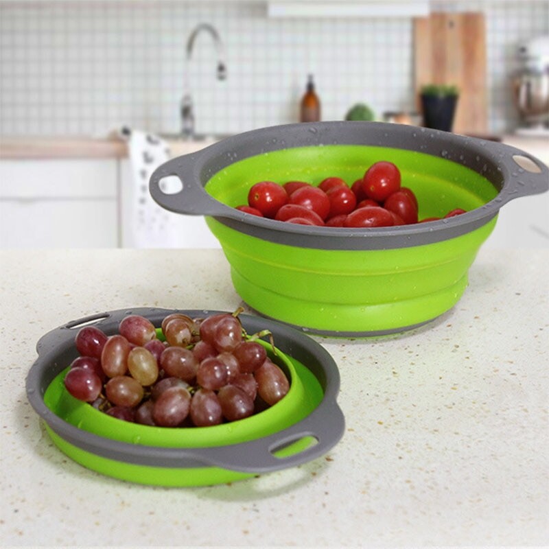 Творчески зелен силиконов кръгъл сгъваем зеленчуков плод, кошница за измиване, гевгир, цедка, сгъваем отцедник, кухненски инструмент