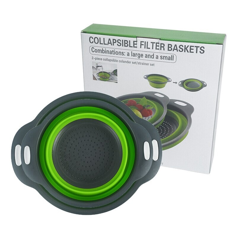 Творчески зелен силиконов кръгъл сгъваем зеленчуков плод, кошница за измиване, гевгир, цедка, сгъваем отцедник, кухненски инструмент