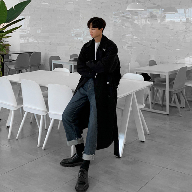 IEFB Meesterõivad Korea trendi tuulejakk, keskmise pikkusega pikad lahtised riided, kena meeste sügismantel koos vööga Uus 4312