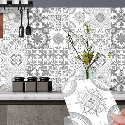 12PCS Сив марокански стикер за стена Изкуство Водоустойчив винил Peel and Stick Tile Sticker Home Decor Кухня Баня Decal 15CM