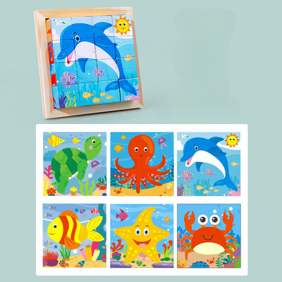 3D kubs Koka puzle bērniem deviņas daļas sešu malu koka bloku paplāte bērniem Montesori mācību izglītojošas puzles rotaļlietas