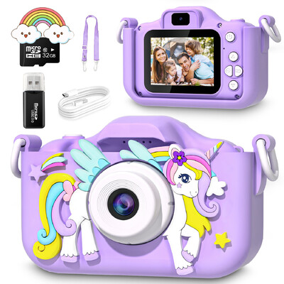 Kids Mini Camera Rajzfilm Egyszarvú játékok lányoknak Fiúknak Születésnapi Ajándékok 1080P HD 2 hüvelykes képernyő 32G SD kártyával, életet rögzítő kamerával