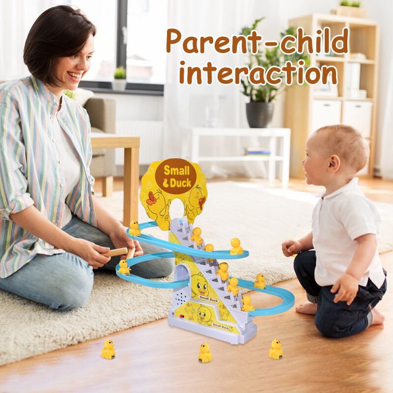 Bērnu elektriskā mazā pīle, kāpšana pa kāpnēm, rotaļlieta, DIY, sliežu sacīkšu trases mūzika amerikāņu kalniņu pīļu rotaļlieta zīdaiņiem Dāvana