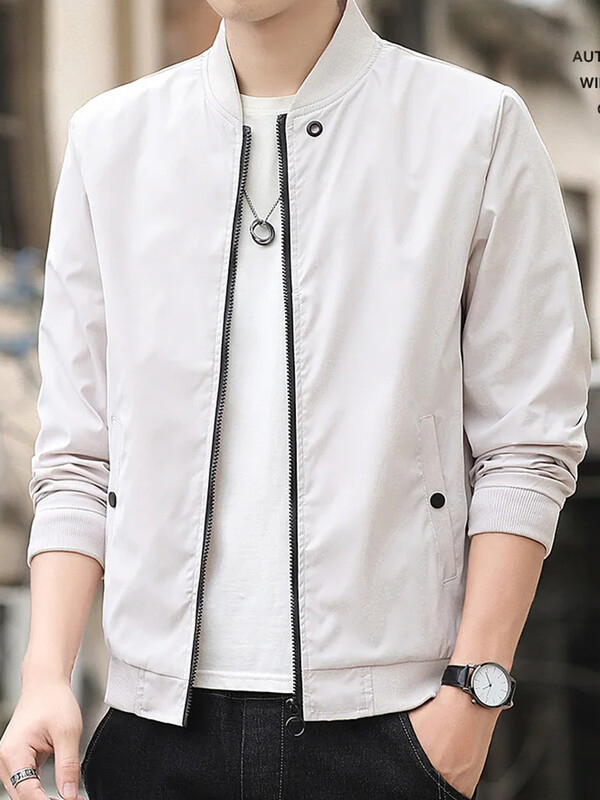 Pánska ležérna trendová móda, vetruodolná outdoorová športová bunda so zipsom, jednofarebný dlhý rukáv, studená teplá pilotná bunda