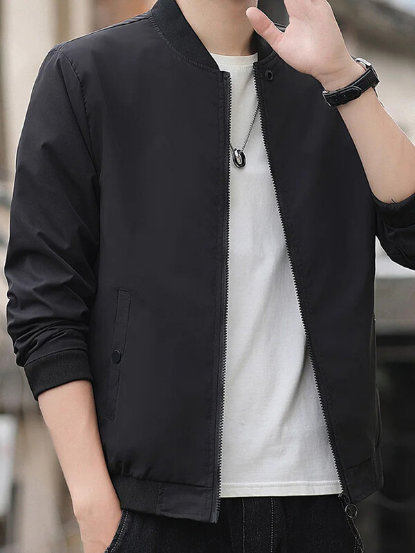 Pánska ležérna trendová móda, vetruodolná outdoorová športová bunda so zipsom, jednofarebný dlhý rukáv, studená teplá pilotná bunda