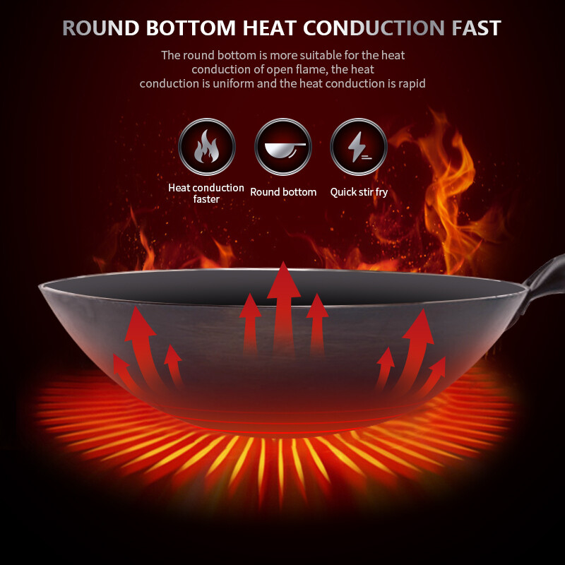 Tradicionāls dzelzs voks, bez pārklājuma voki ar rokām kalti virtuvei Pankoka rokturi Wok virtuves trauki ar gāzes katlu