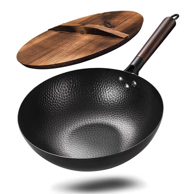 Iron Wok Traditional 12.5" Carbon Steel Wok незалепващ тиган Woks и тигани за пържене с разбъркване с капак Кухненска готварска печка за всички печки