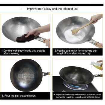 Konco Household Iron Wok,Σιδερένιο τηγάνι σφυρηλάτησης χειρός Ξύλινη λαβή Καθαρό σίδηρο Χωρίς επίστρωση Αντικολλητική κουζίνα Wok Κατσαρόλα υγραερίου