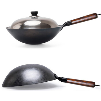 Konco Household Iron Wok,Σιδερένιο τηγάνι σφυρηλάτησης χειρός Ξύλινη λαβή Καθαρό σίδηρο Χωρίς επίστρωση Αντικολλητική κουζίνα Wok Κατσαρόλα υγραερίου