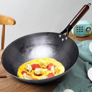 Konco Household Iron Wok,Σιδερένιο τηγάνι σφυρηλάτησης χειρός Ξύλινη λαβή Καθαρό σίδηρο Χωρίς επίστρωση Αντικολλητική κουζίνα Wok Κατσαρόλα υγραερίου