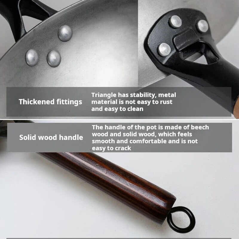 Raudpott majapidamispann Traditsiooniline käsitsi sepistatud ilma katteta Puidust käepide Vanastiilis mitteraudne pott (30cm)