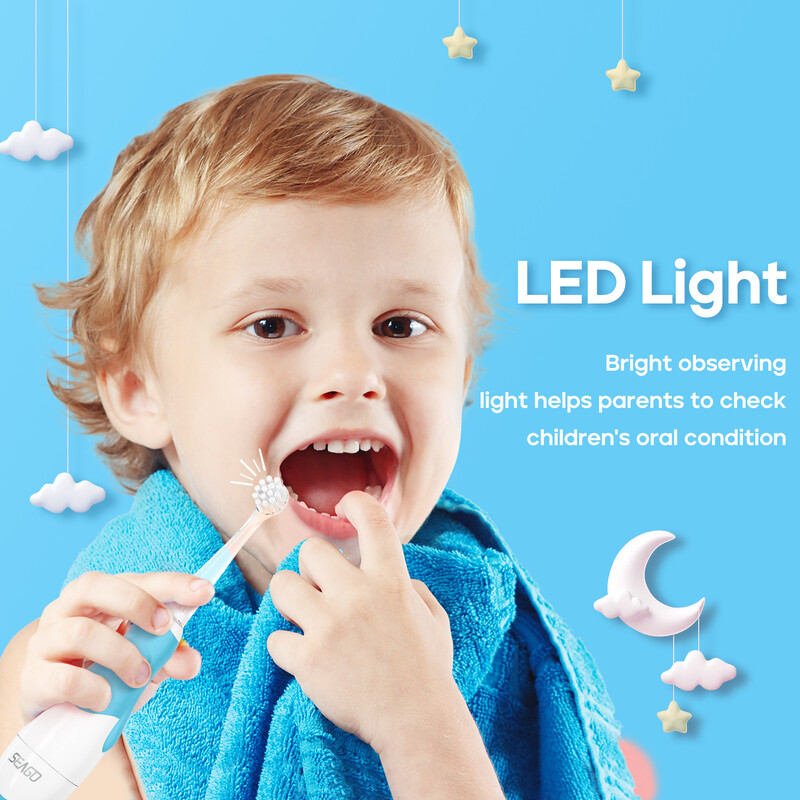 Seago Kids elektriline hambahari Sonic hambahari vaatlusvalgusega vahetatava harjapeaga, lapse multikas nutikas taimeriga veekindel