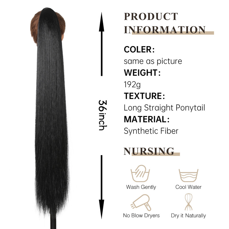 36 inčni nastavci za konjski rep Duga ravna omotana kopča u sintetičkoj kosi Crna frizura otporna na toplinu Svakodnevna uporaba Poni rep